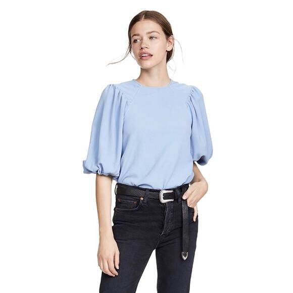 Ganni Crepe Balloon Sleeve Top in Forever Blue, Size 10 - Picture 6 of 13